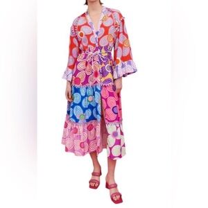 Celia B Maryann V-Neck Mixed Print Midi Dress Button Bright Whimsy Size L